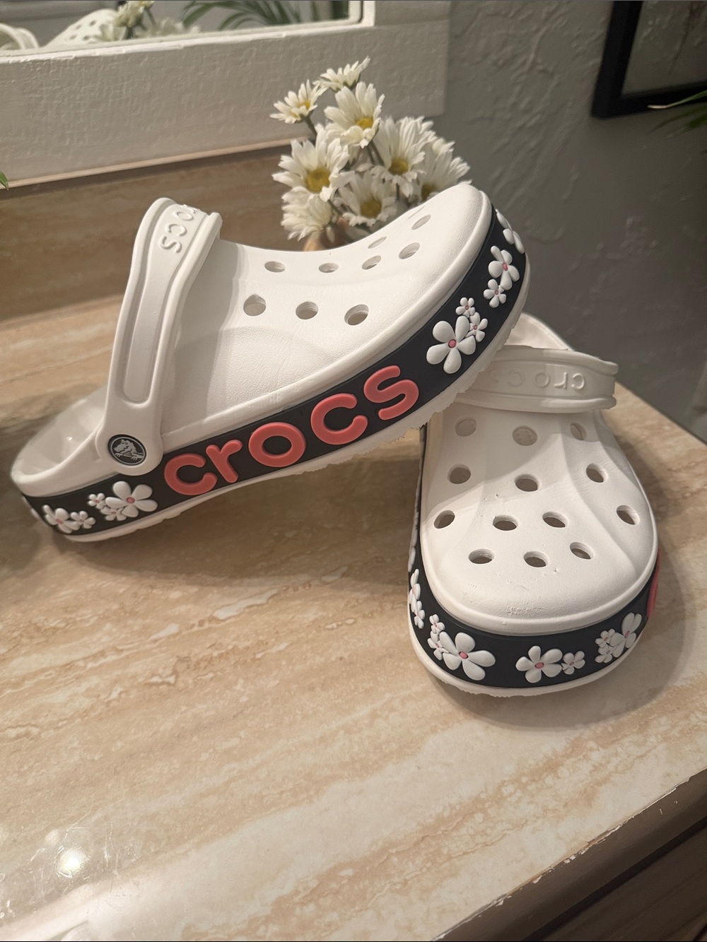 CROCS White Clog with Black Midsole and Pink Logo Floral Trim